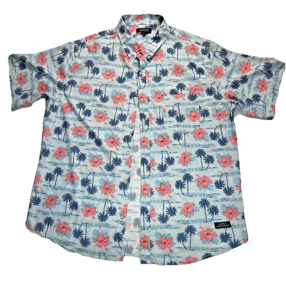 Simply Southern Tropical Print Men's Short Sleeve Button Front Shirt, Large